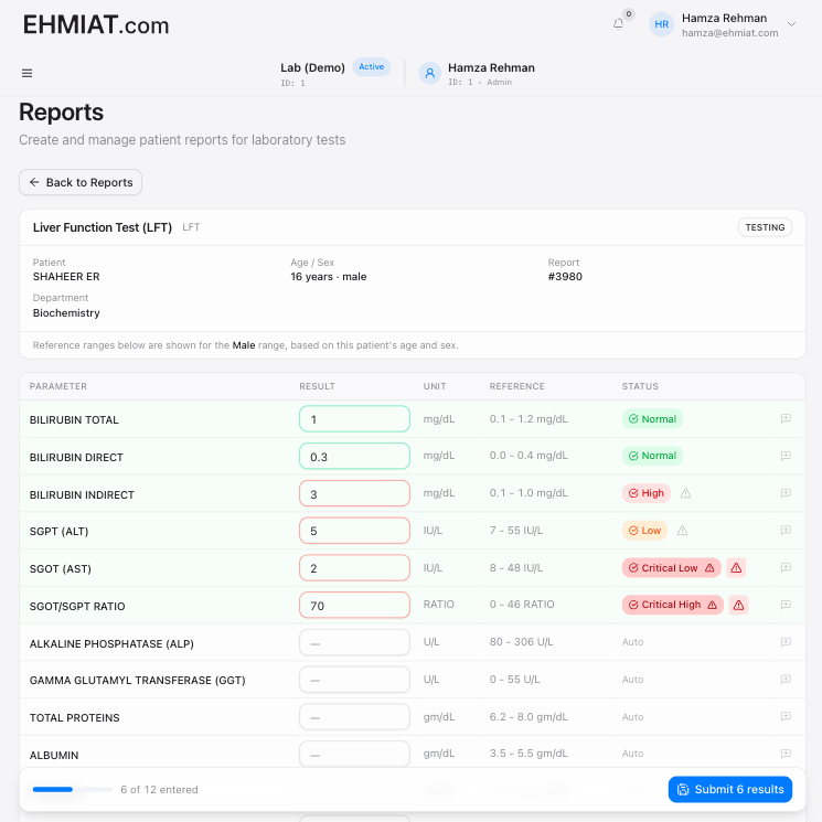 Entering test results against reference ranges in eCare Lab