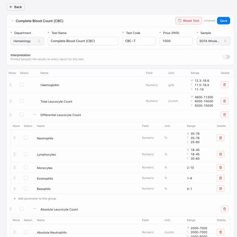 Managing the test catalogue in eCare Lab