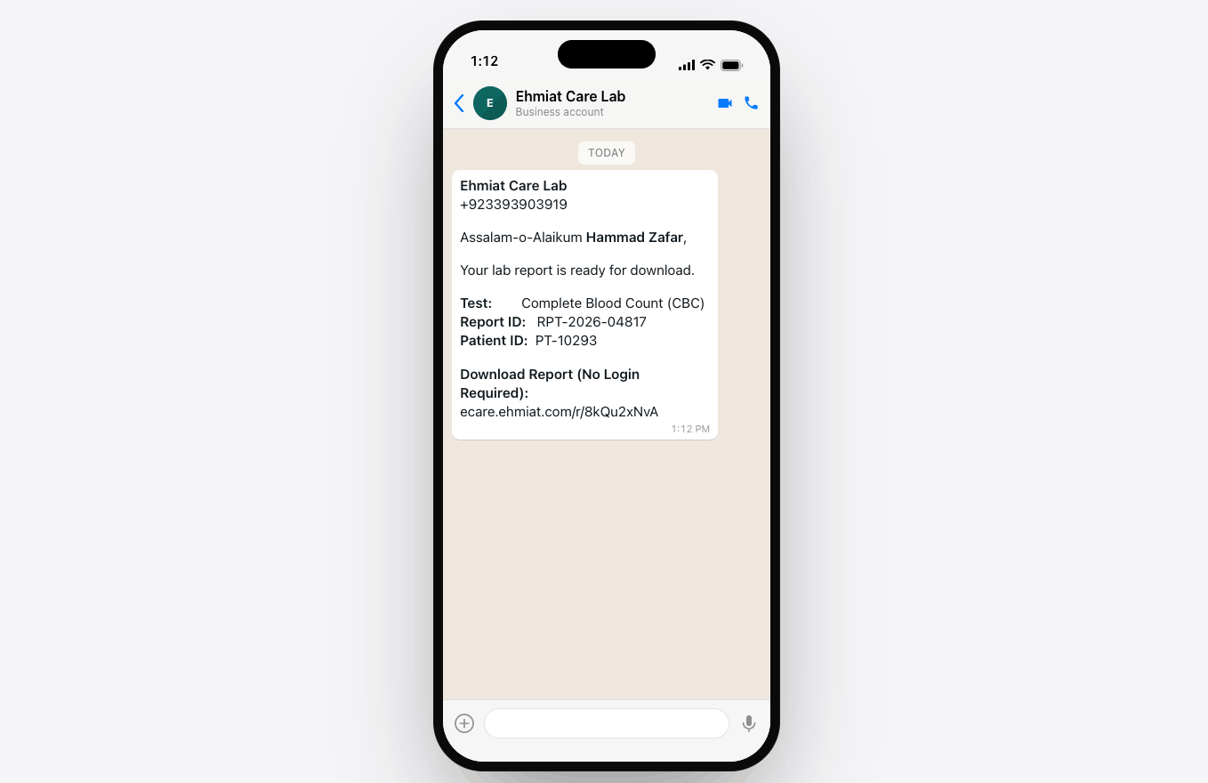 An eCare Lab test report delivered to a patient on WhatsApp