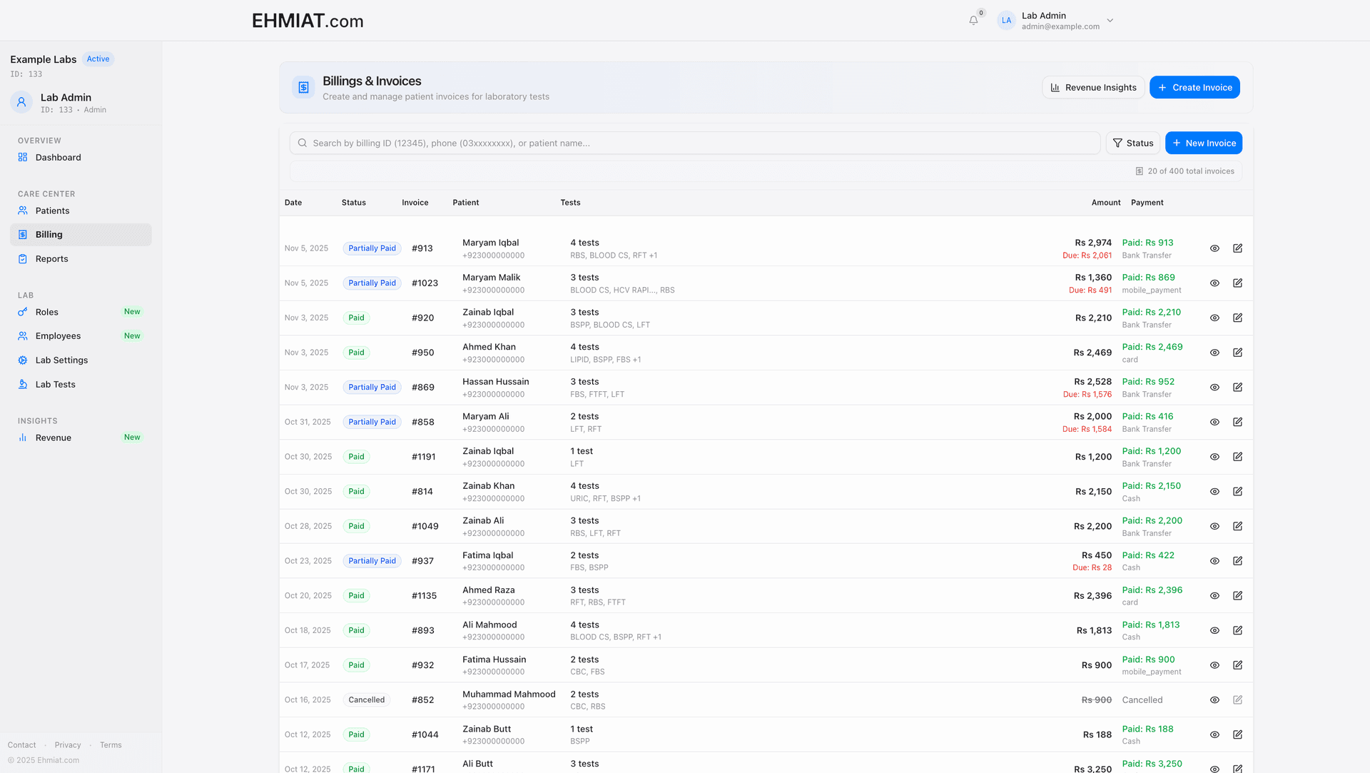 ECare Lab billing management interface