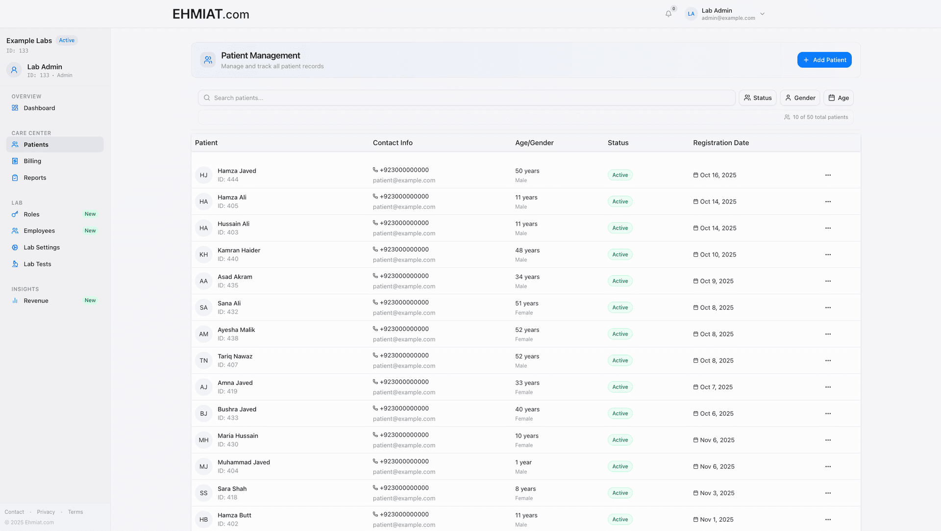 ECare Lab patient management interface