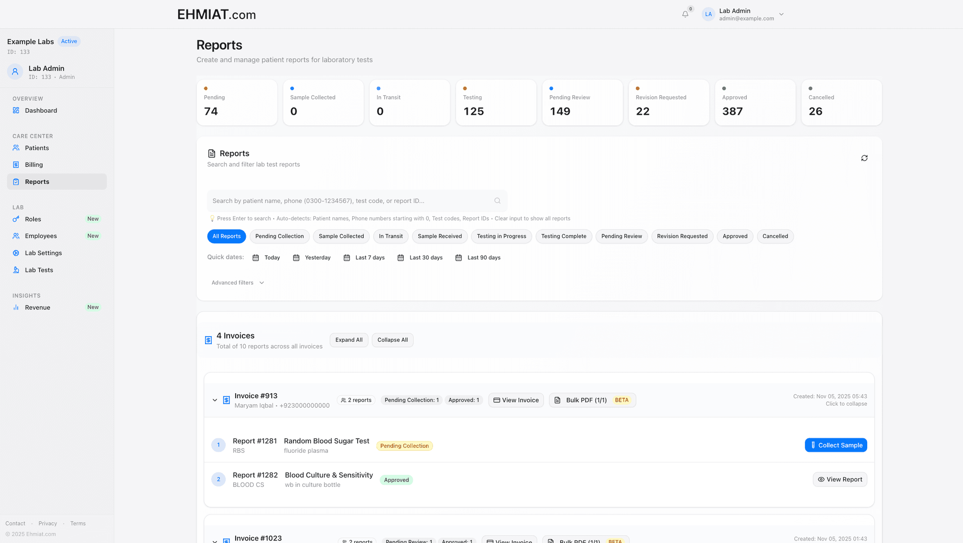 ECare Lab reports management interface