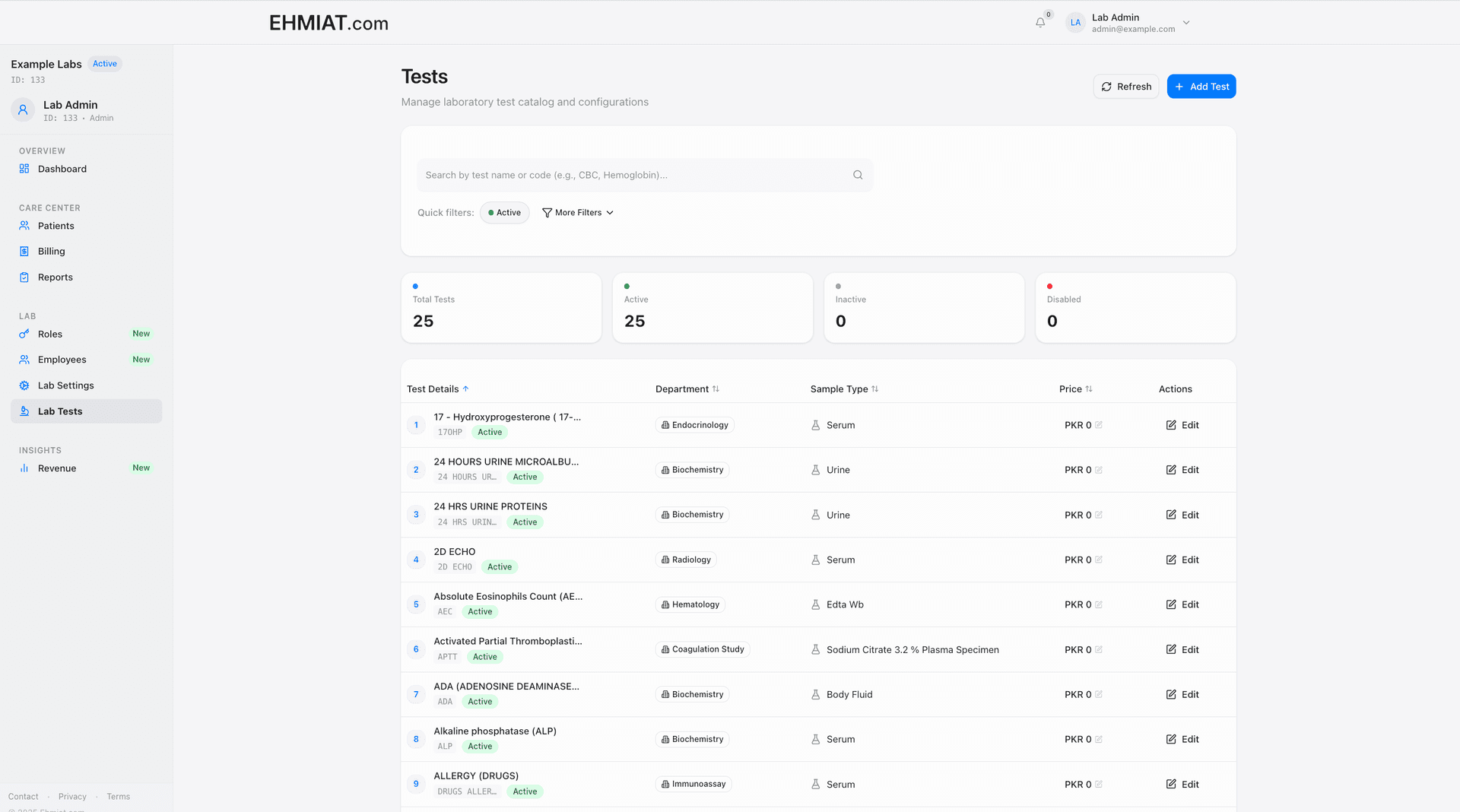 ECare Lab test management interface